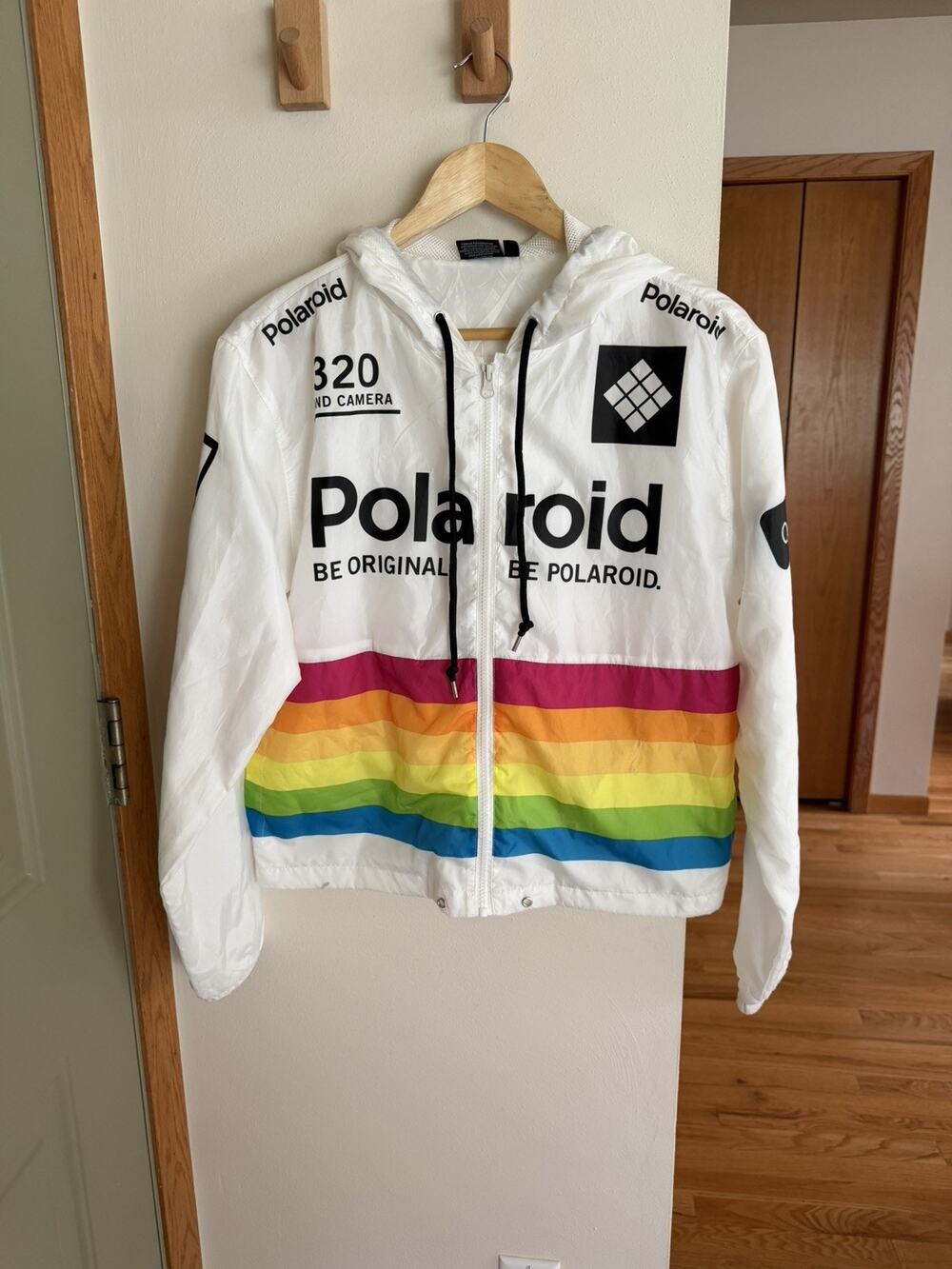 Polaroid 320 Hooded Windbreaker Jacket White Full Zip Mesh Lined Size M 90s